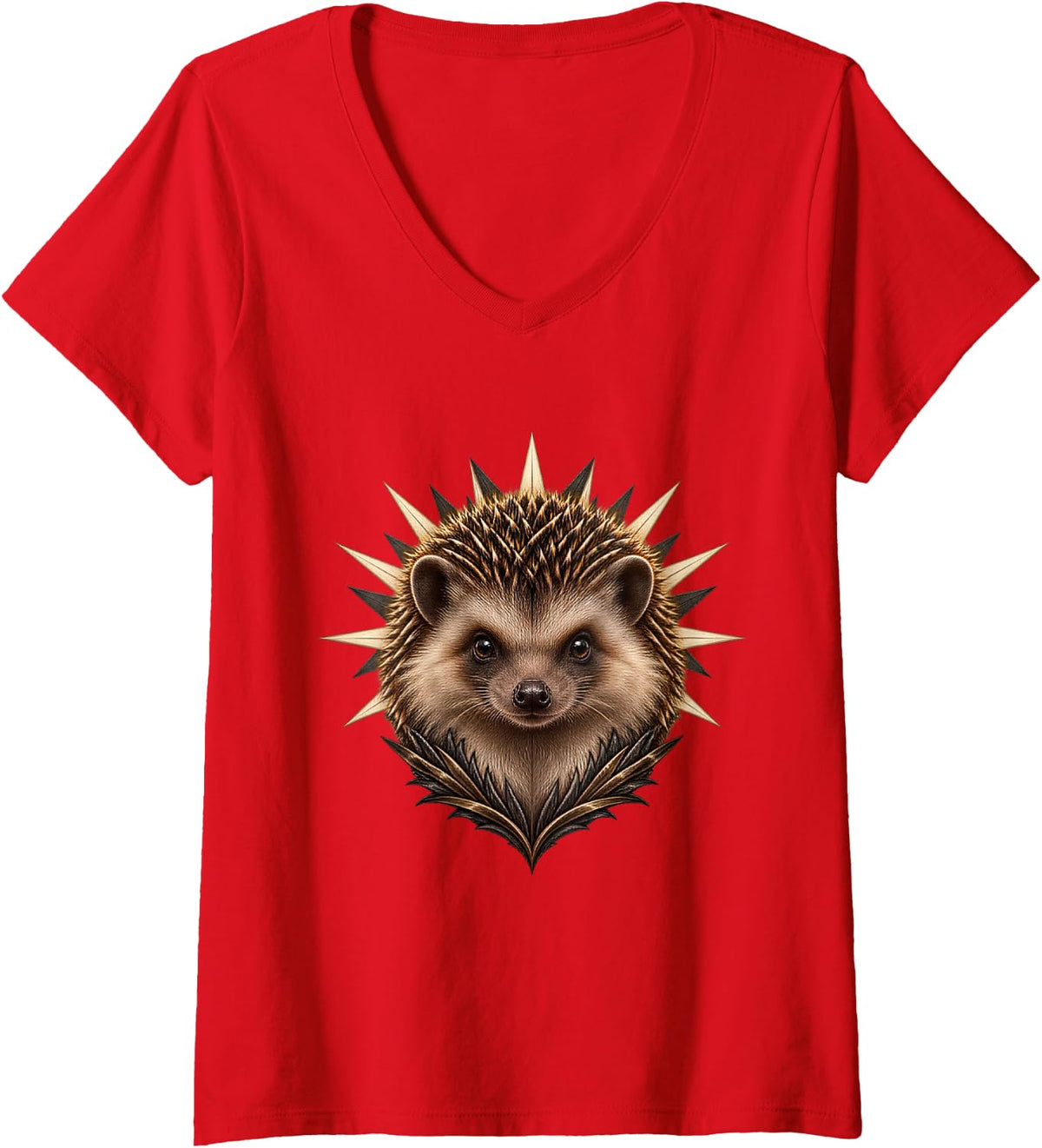 Women's Hedgehog with White Starburst V-Neck T-Shirt - Red