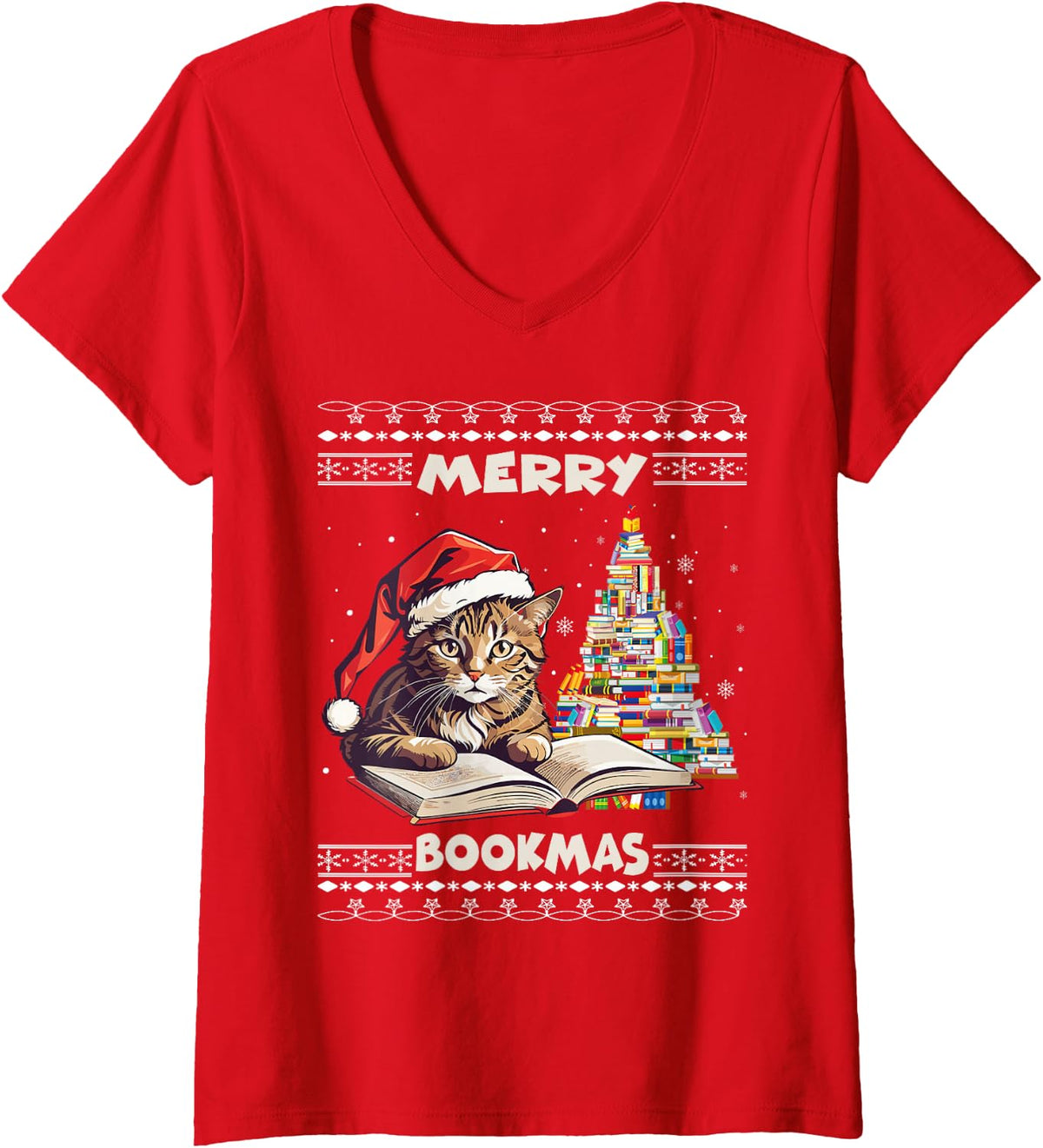 Women's Merry Bookmas Cat Reading A Book Ugly Christmas Sweater Xmas V-Neck T-Shirt - Red