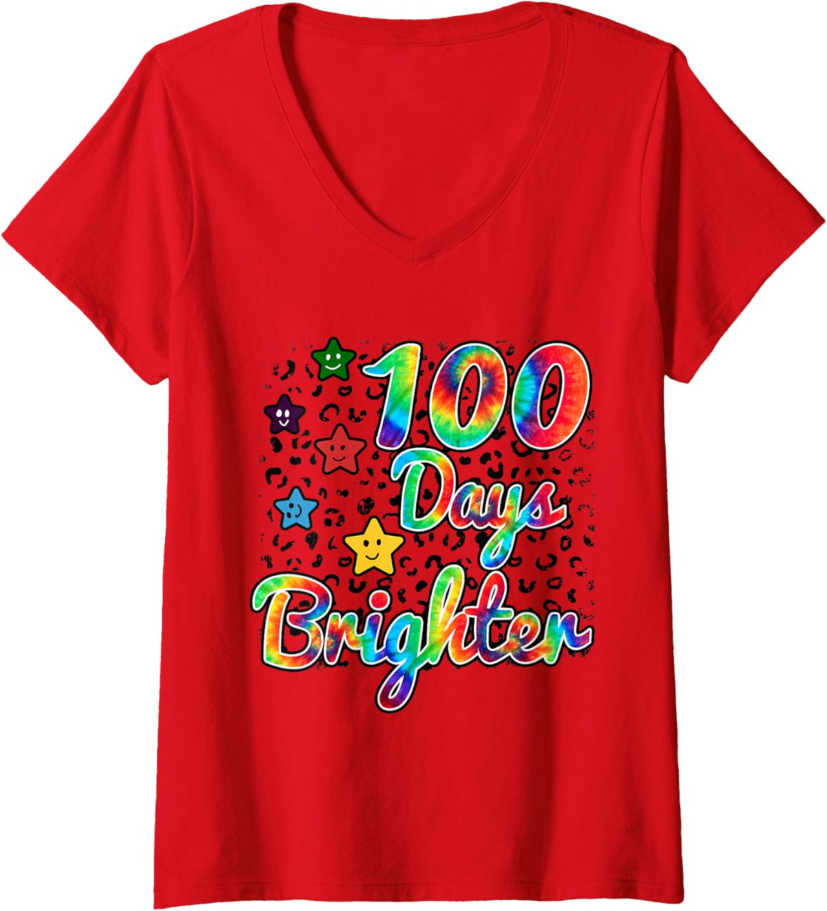 Women's Tie Dye 100 Days Brighter Student Happy 100th Day of School V-Neck T-Shirt - Red