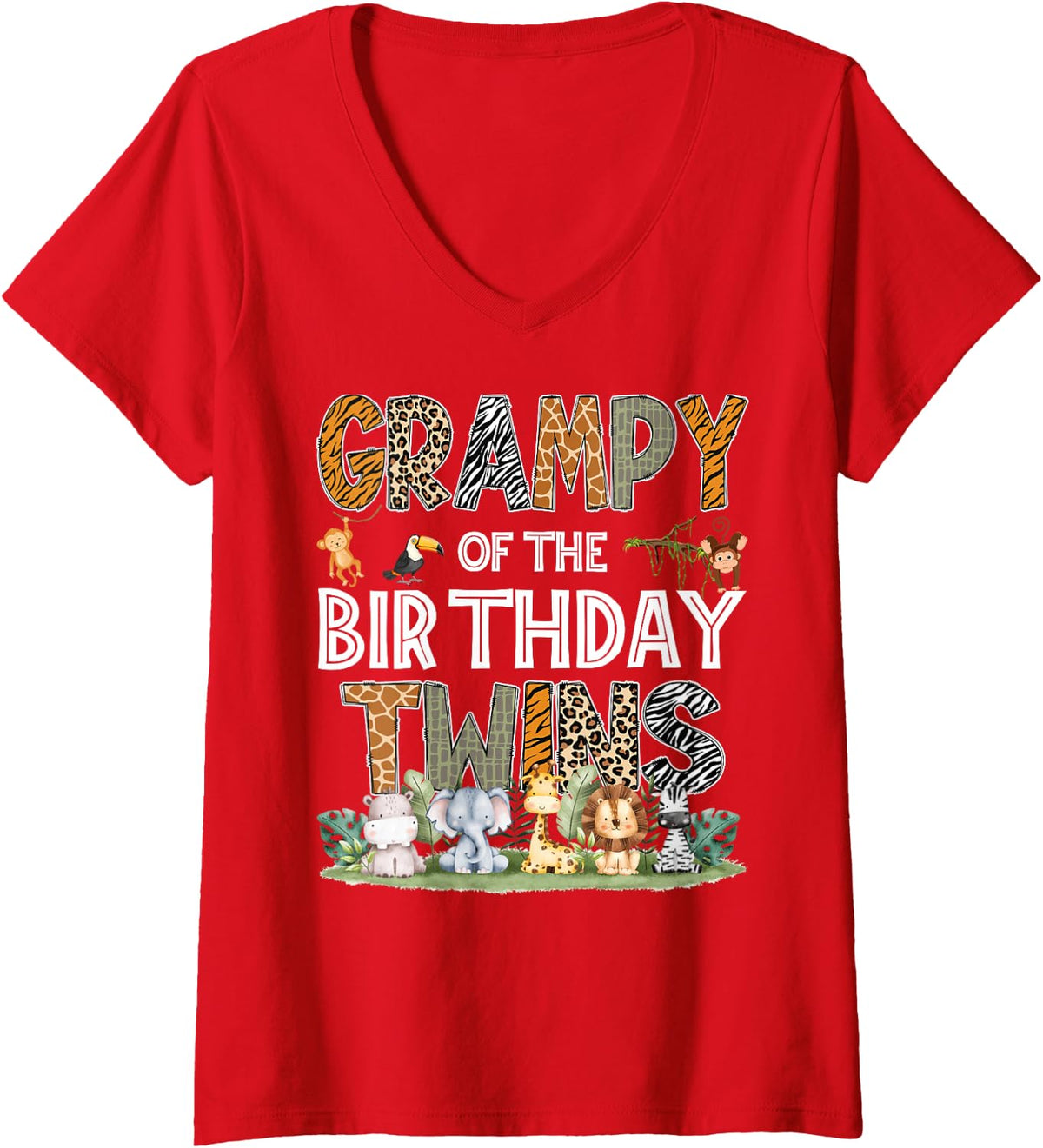 Women's Grampy of The Birthday Twins Safari Wild One Zoo Animal V-Neck T-Shirt - Red