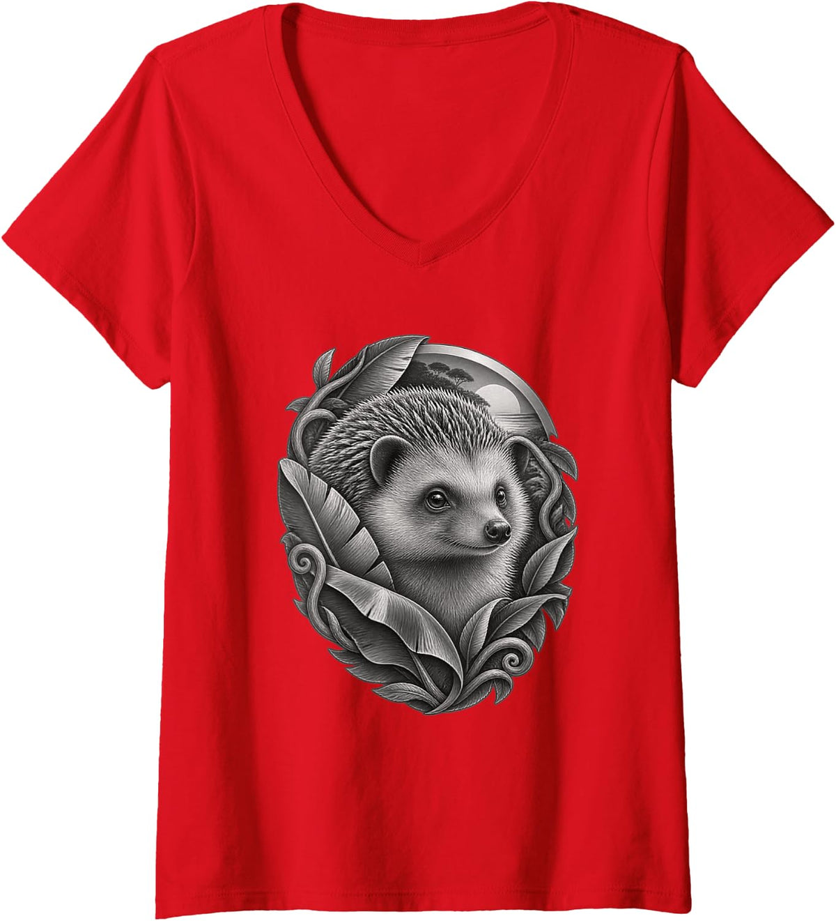 Women's Hedgehog with Botanical Leaves and Circular Landscape V-Neck T-Shirt - Red