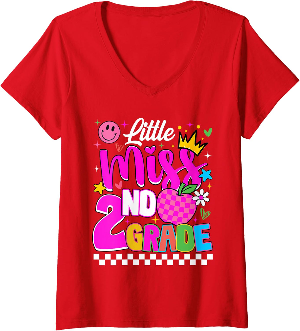 Women's Little Miss 2nd Grade Cute First Day of School Girl Student V-Neck T-Shirt - Red