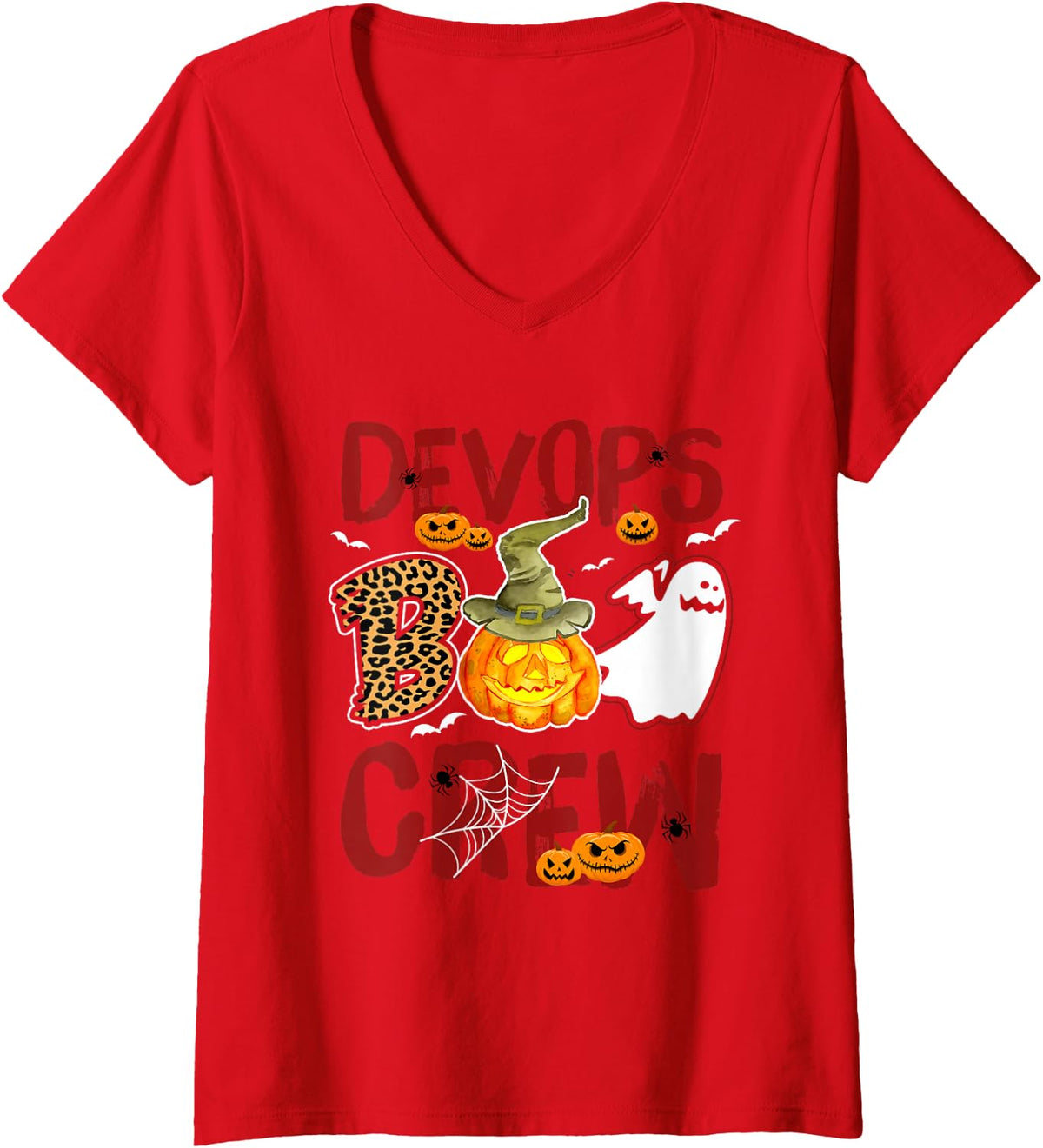 Women's Devops Boo Crew Halloween Devops Engineer Match V-Neck T-Shirt - Red