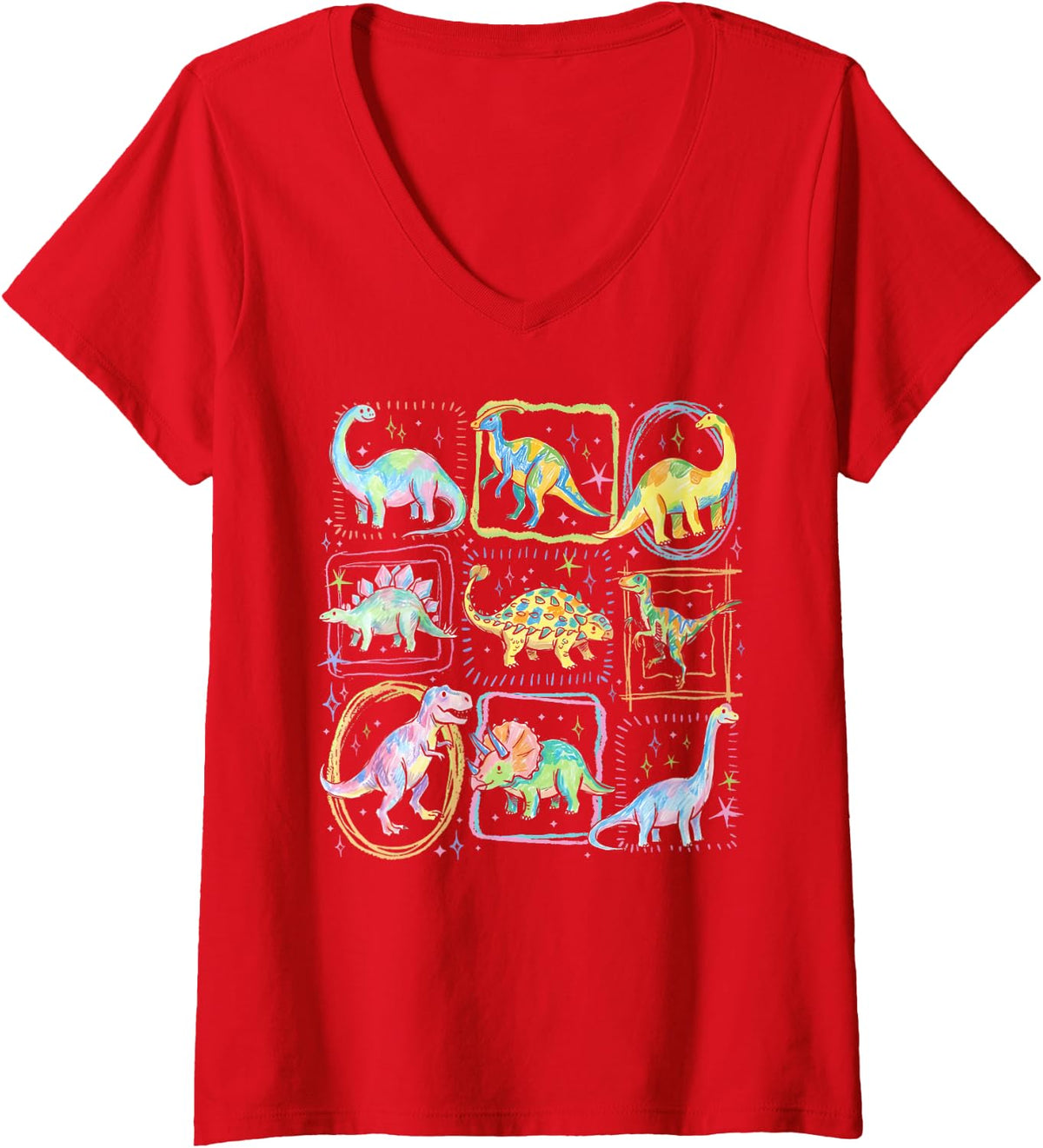 Women's Whimsical Dinosaur Colorful Cute Dino Identification V-Neck T-Shirt - Red