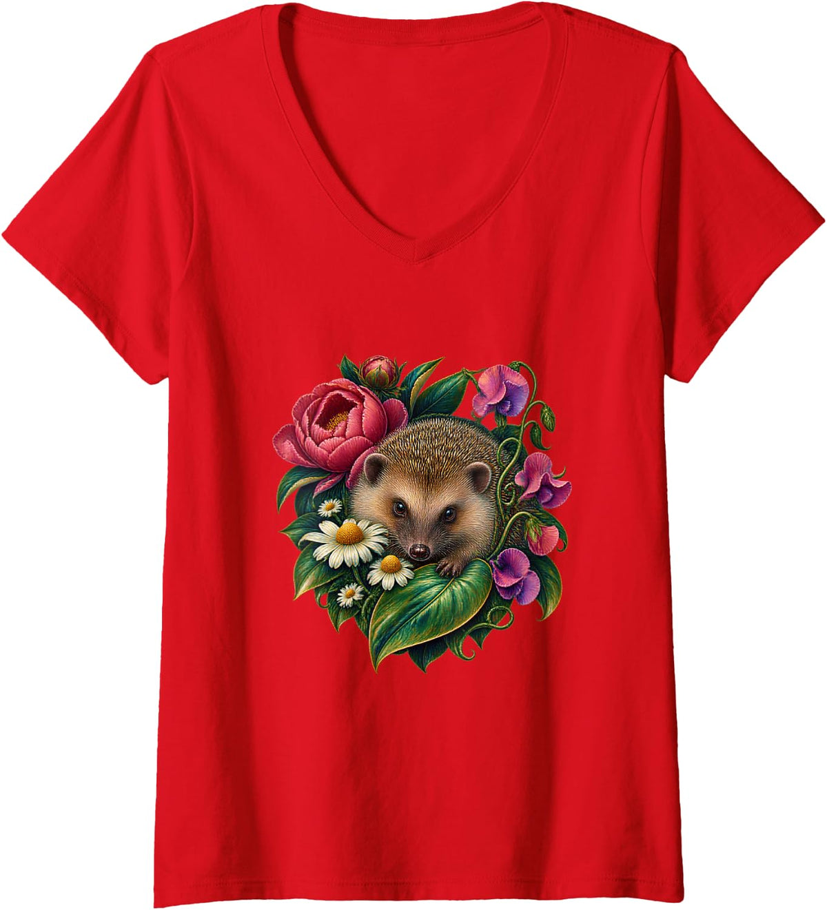 Women's European Hedgehog Peony Airbrush Art V-Neck T-Shirt - Red