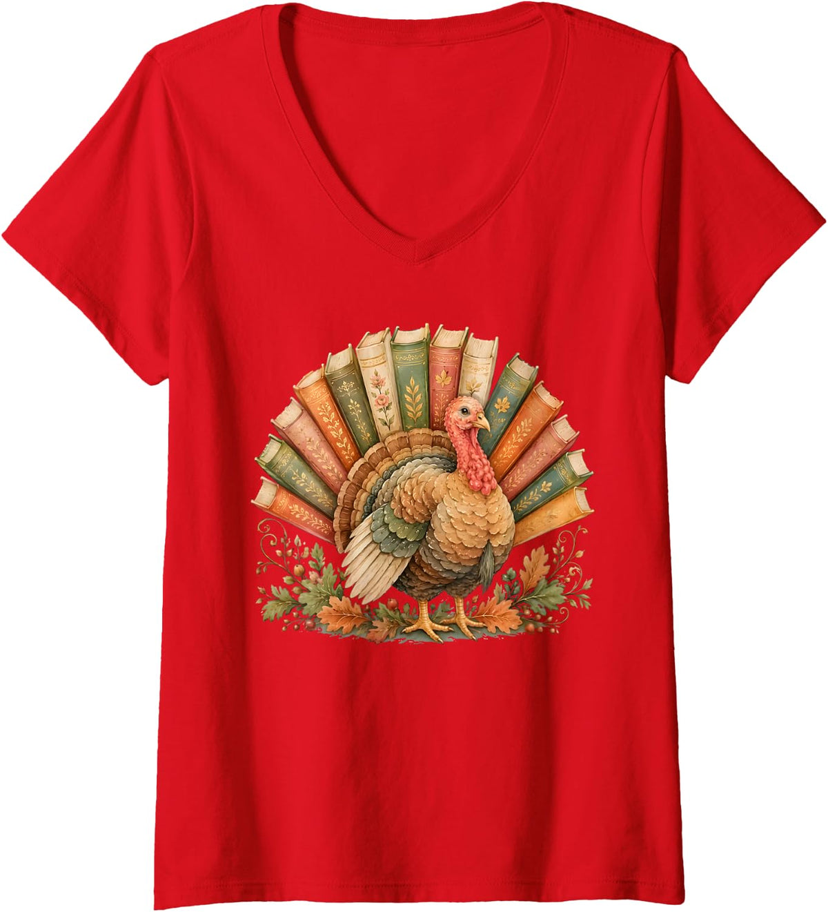 Women's Retro Thanksgiving Turkey Book Reading Fall Teacher Bookish V-Neck T-Shirt - Red