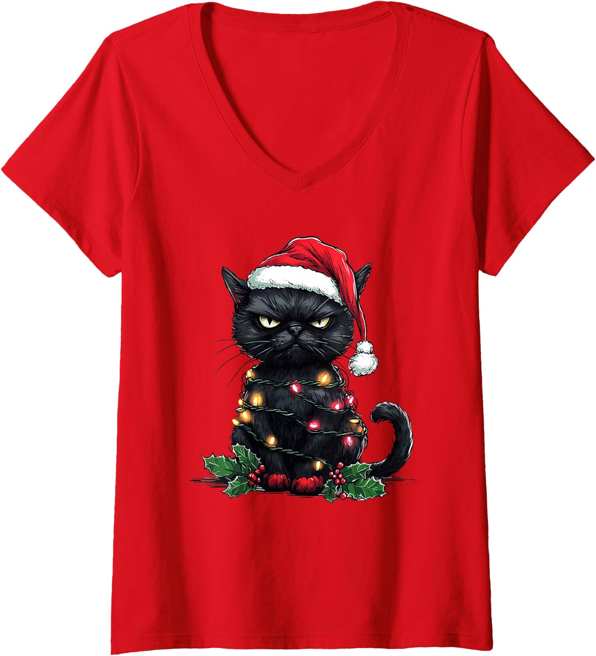 Women's Funny Black Cat Santa Hat Merry Christmas Tree Lights Cat V-Neck T-Shirt - Red