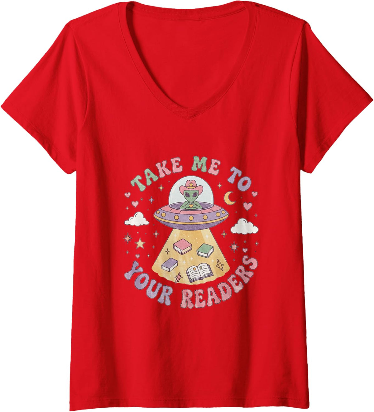 Women's Retro Cute Alien Reading Teacher Library Back to School V-Neck T-Shirt - Red