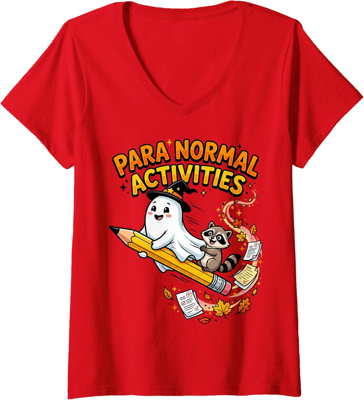 Women's para Normal Activities Ghost Raccoon SPED Teacher V-Neck T-Shirt - Red
