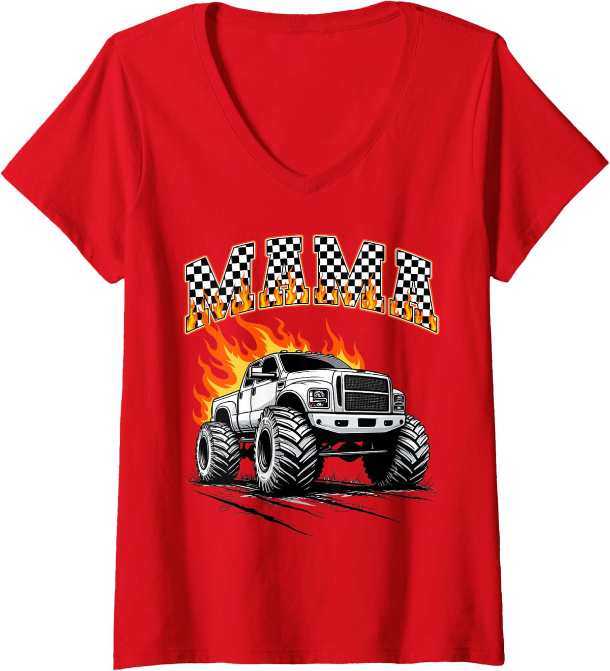 Women's Retro Mama Monster Truck Birthday Matching Mom Monster Truck V-Neck T-Shirt - Red