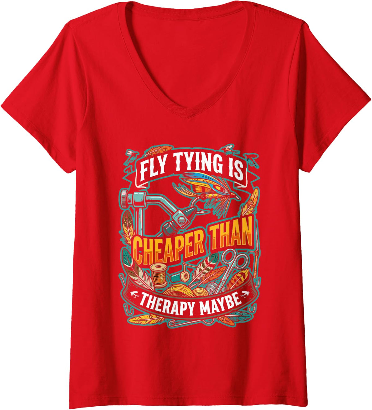 Women's Artificial Fly Tying Fly Fishing Reel Trout Flies V-Neck T-Shirt - Red