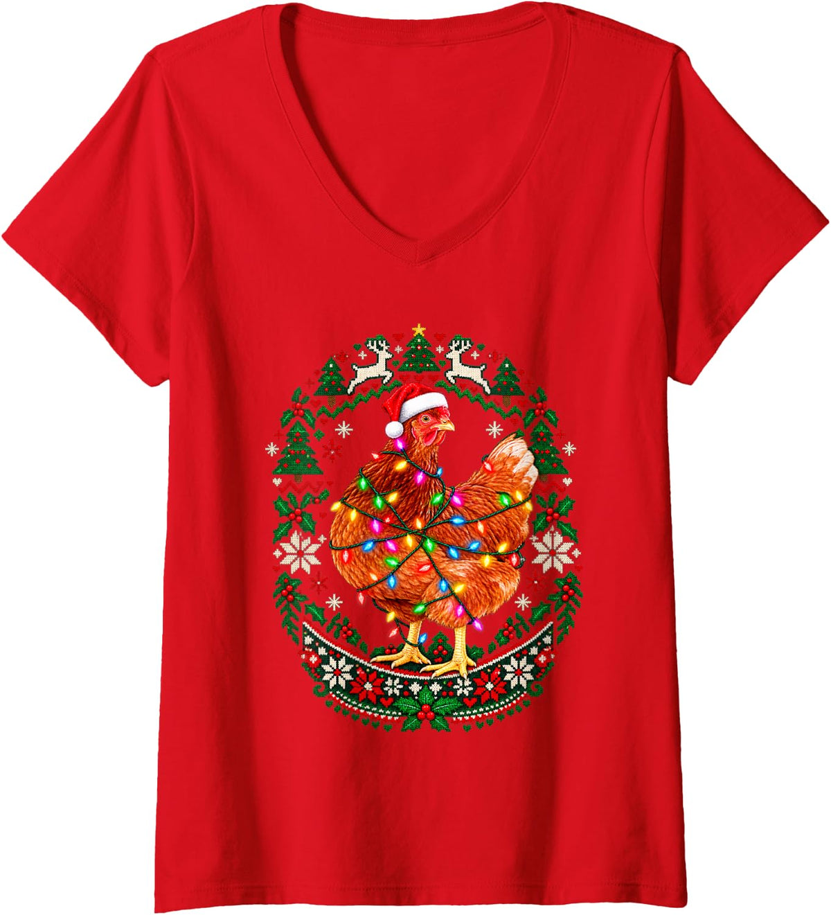 Women's Christmas Chicken Curious Santa Hat Snowflake Knit Medallion V-Neck T-Shirt - Red