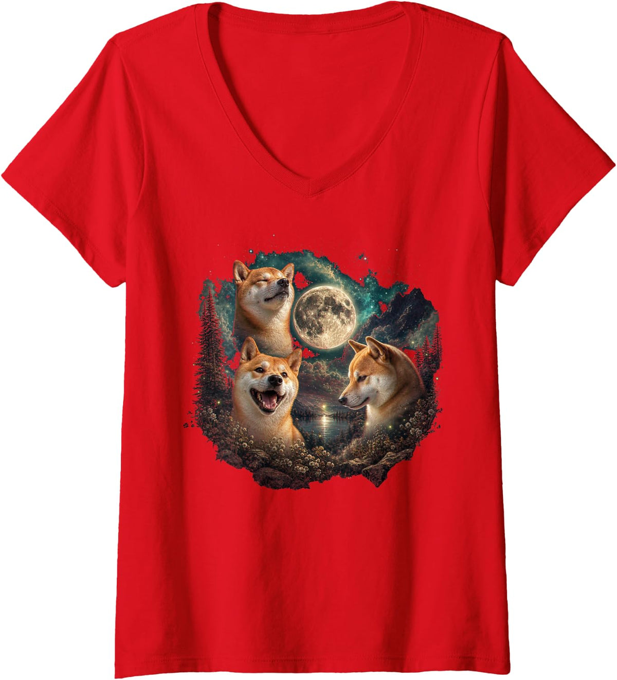 Women's Shiba Inu Faces with Full Moon and Stars V-Neck T-Shirt - Red