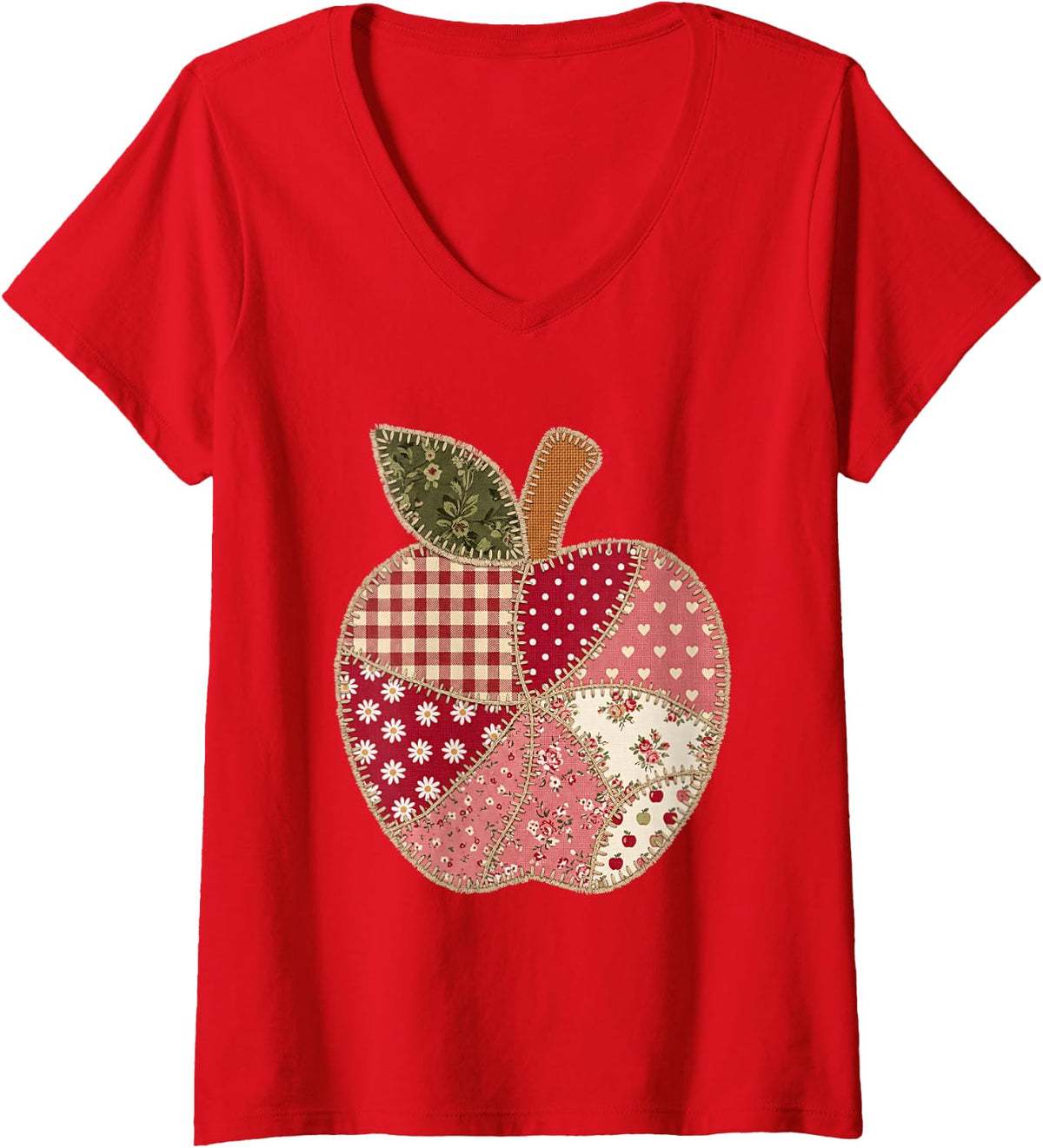 Women's Vintage Quilted Apple Cute Teacher Back to School V-Neck T-Shirt - Red