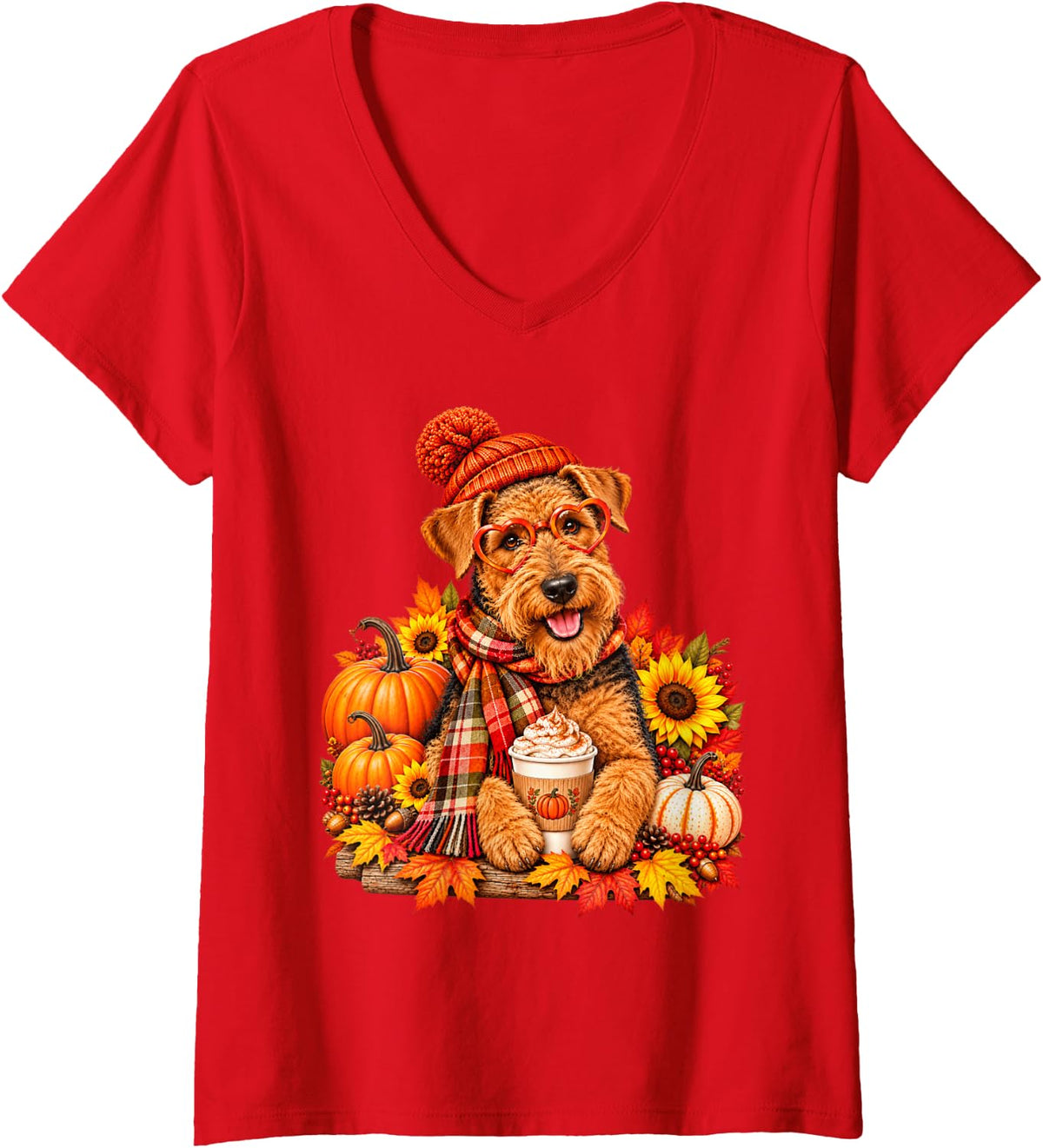 Women's Airedale Terrier Autumn Pumpkin Spice Coffee Glasses V-Neck T-Shirt - Red