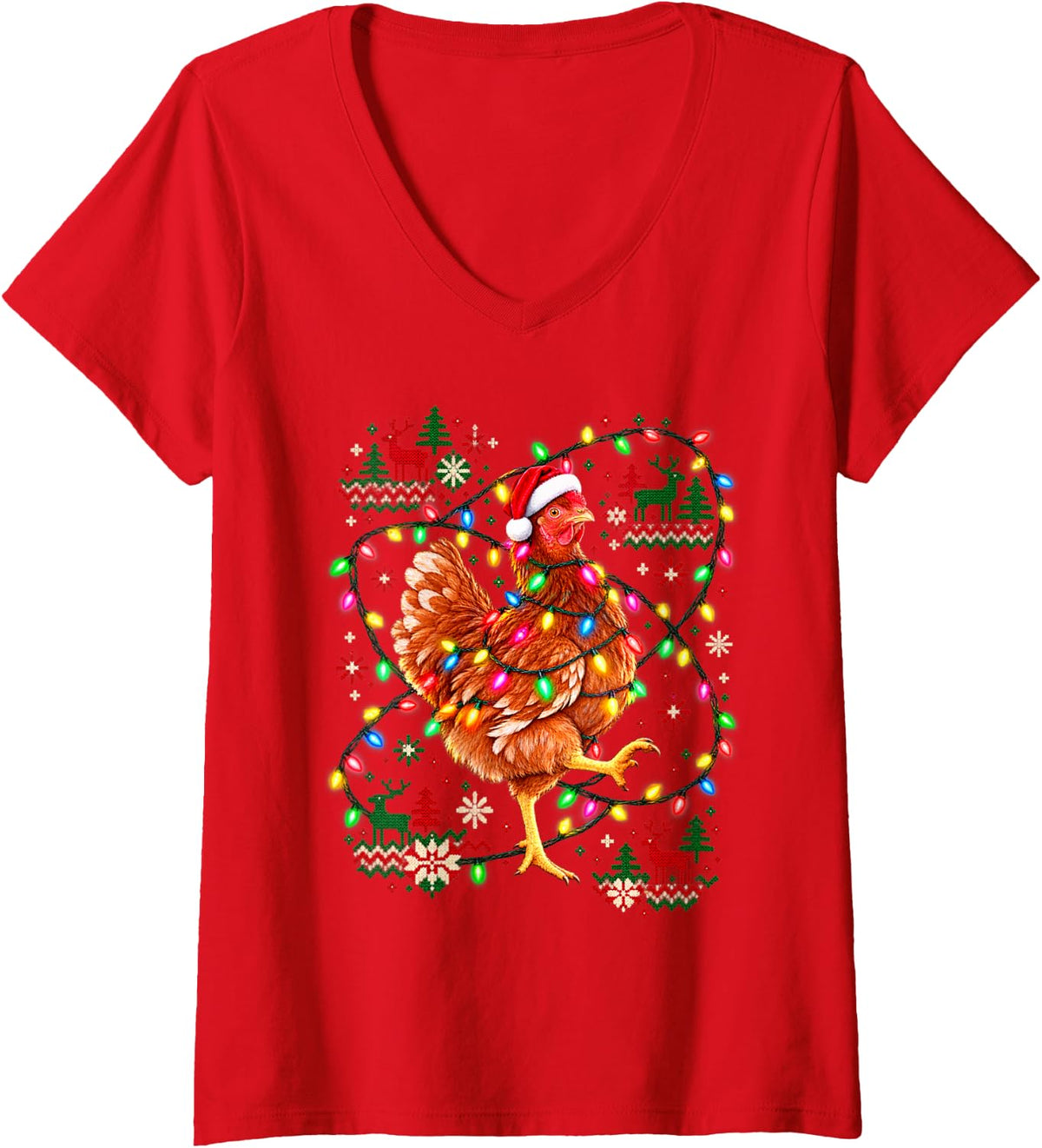 Women's Christmas Chicken Proud Santa Hat Ornate Holiday Men Women V-Neck T-Shirt - Red
