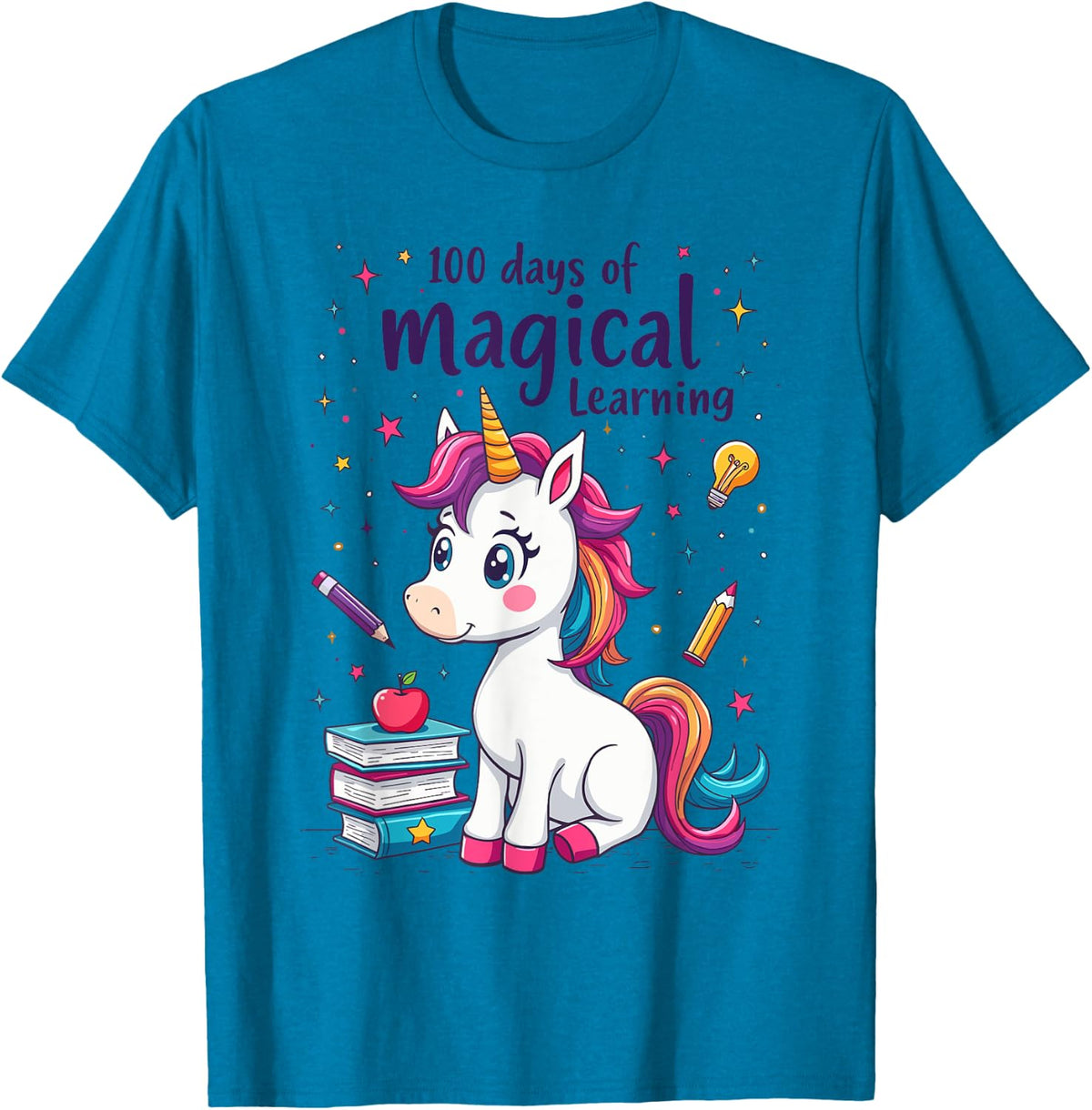 100th Day Kindergarten Kids Girls Unicorn 100 Days Of School T-Shirt - Sapphire Blue
