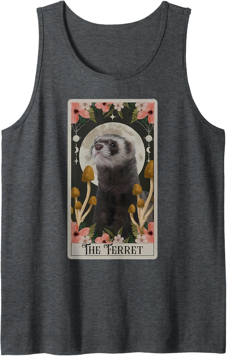 Vintage Ferret Tarot Card Floral Pet Cute Animal Lovers Moon Sleeveless Tank Top - Dark Heather Grey