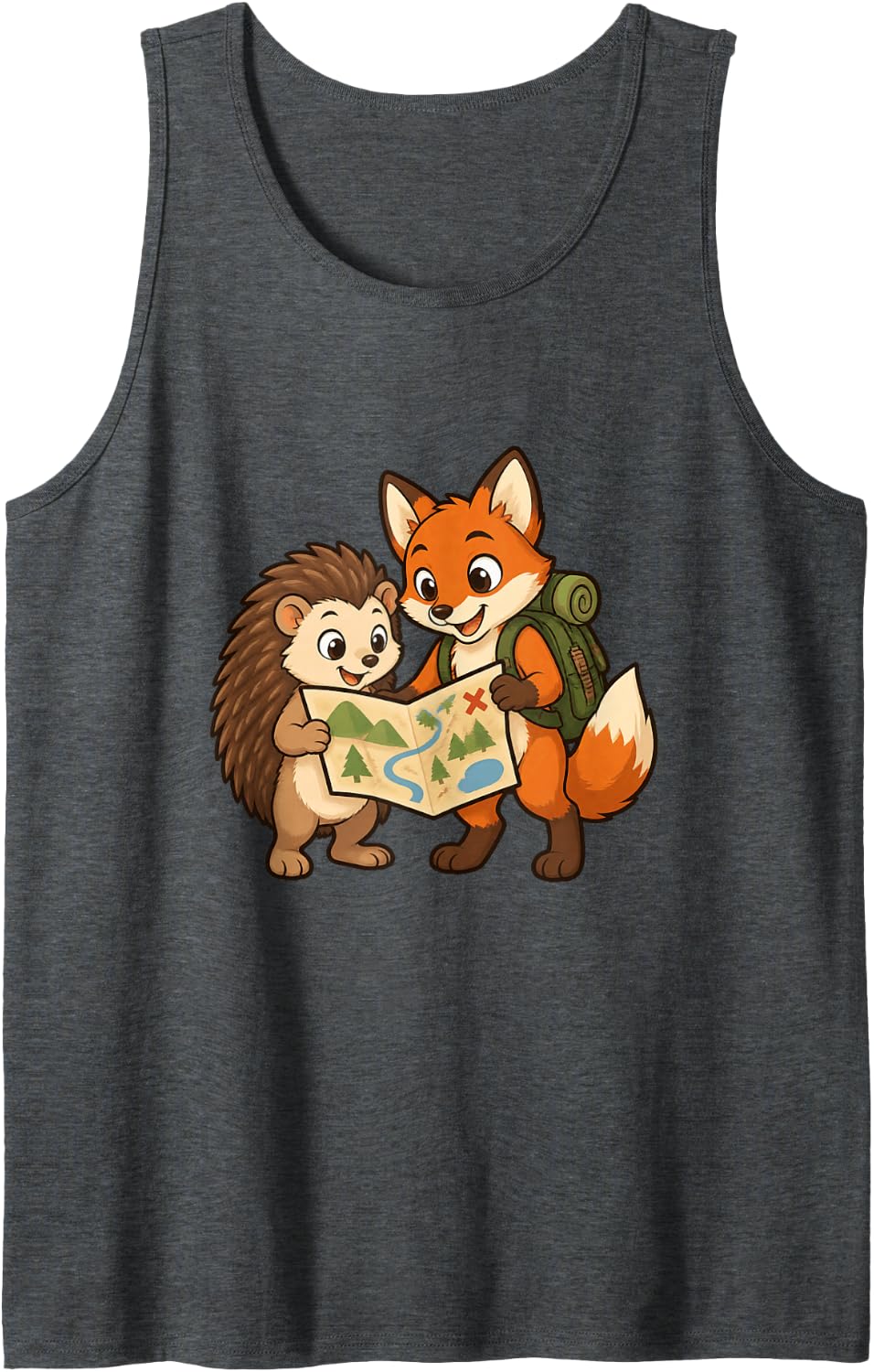 Hedgehog and Fox Explore a Picture Map Tank Top - Dark Heather Grey