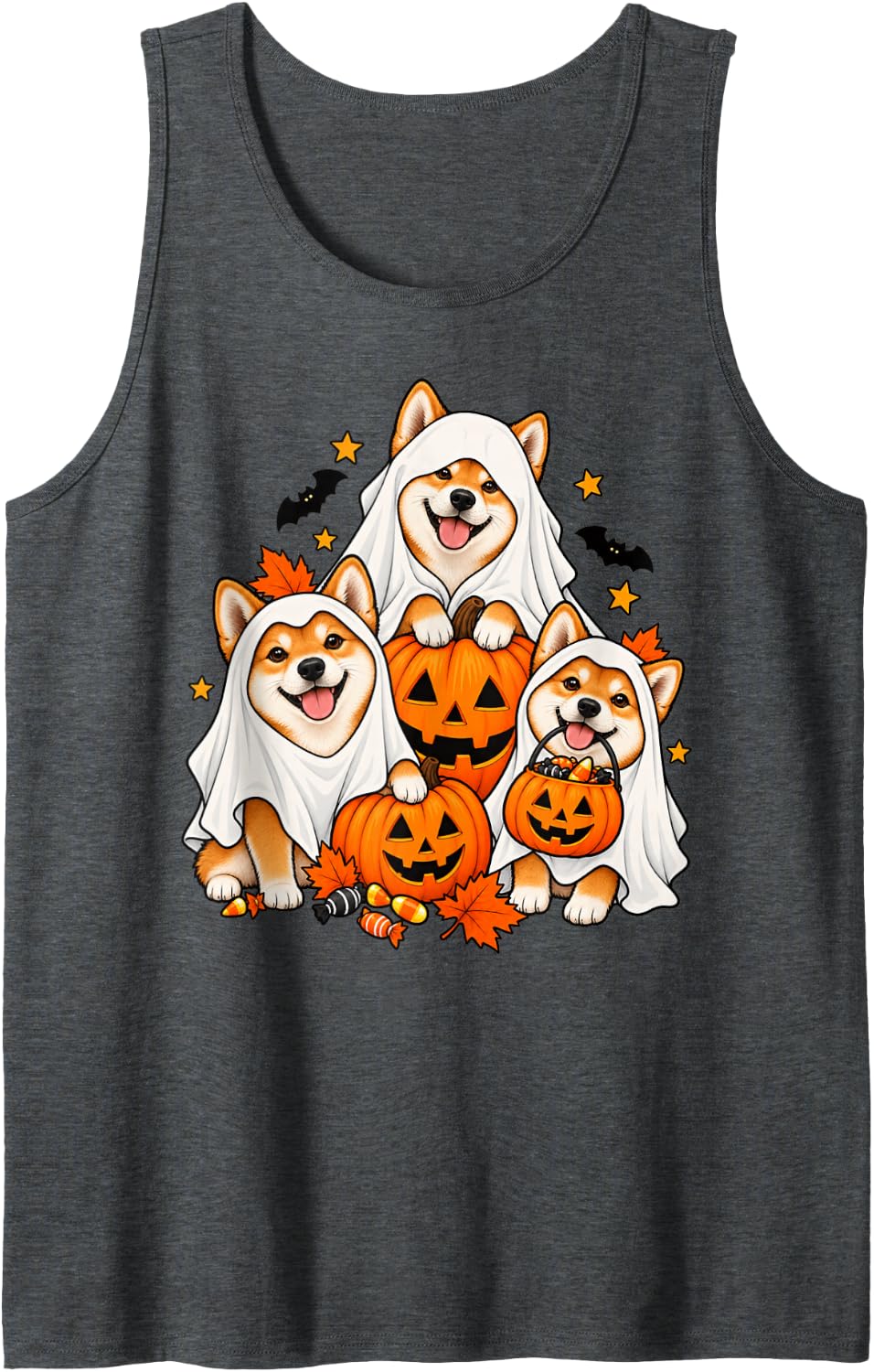 Cute Ghost Shiba Inu Dogs and Pumpkins Dog Lover Halloween Sleeveless Tank Top - Dark Heather Grey