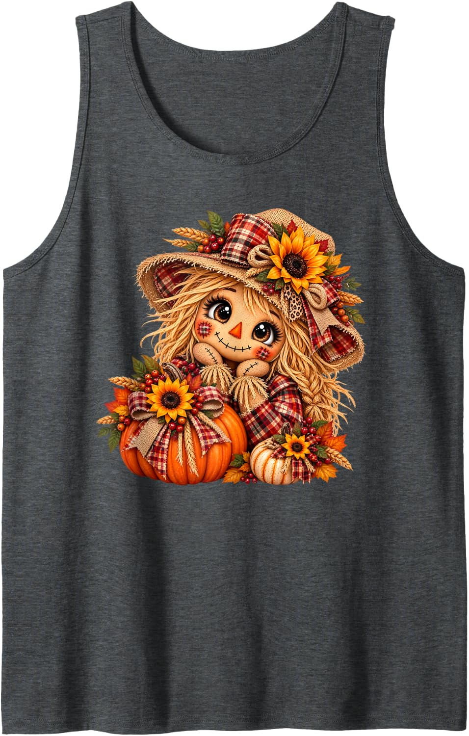 Scarecrow Autumn Fall Sunflower Pumpkin Thanksgiving Holiday Sleeveless Tank Top - Dark Heather Grey