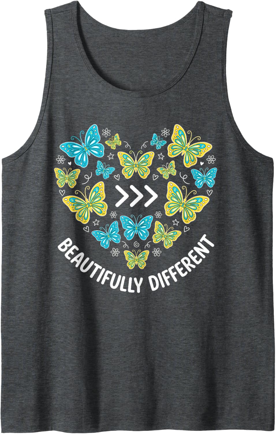 Down Syndrome Beautifully Different Cute Butterfly Heart T21 Sleeveless Tank Top - Dark Heather Grey