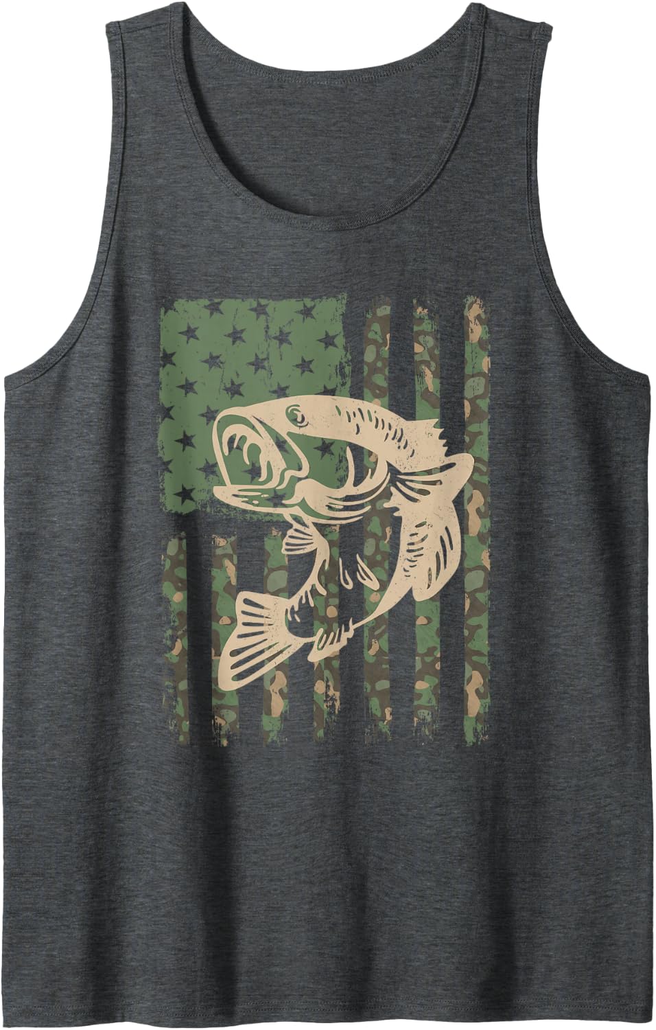 Camouflage USA Flag Big Mouth Bass Fishing Tank Top - Dark Heather Grey