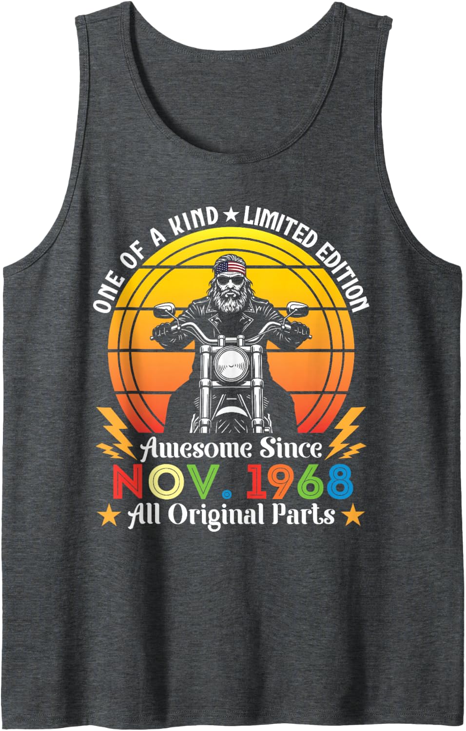 One of A Kind Ltd Edition Awesome Since November 1968 Biker Sleeveless Tank Top - Dark Heather Grey