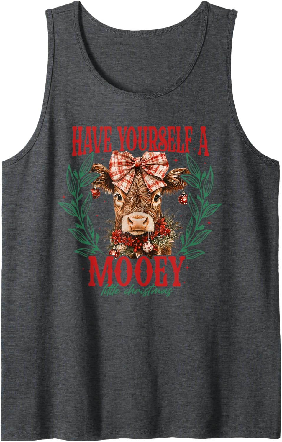 Christmas Highland Cow Cute Moo Cow Coquette Xmas Women Kids Sleeveless Tank Top - Dark Heather Grey
