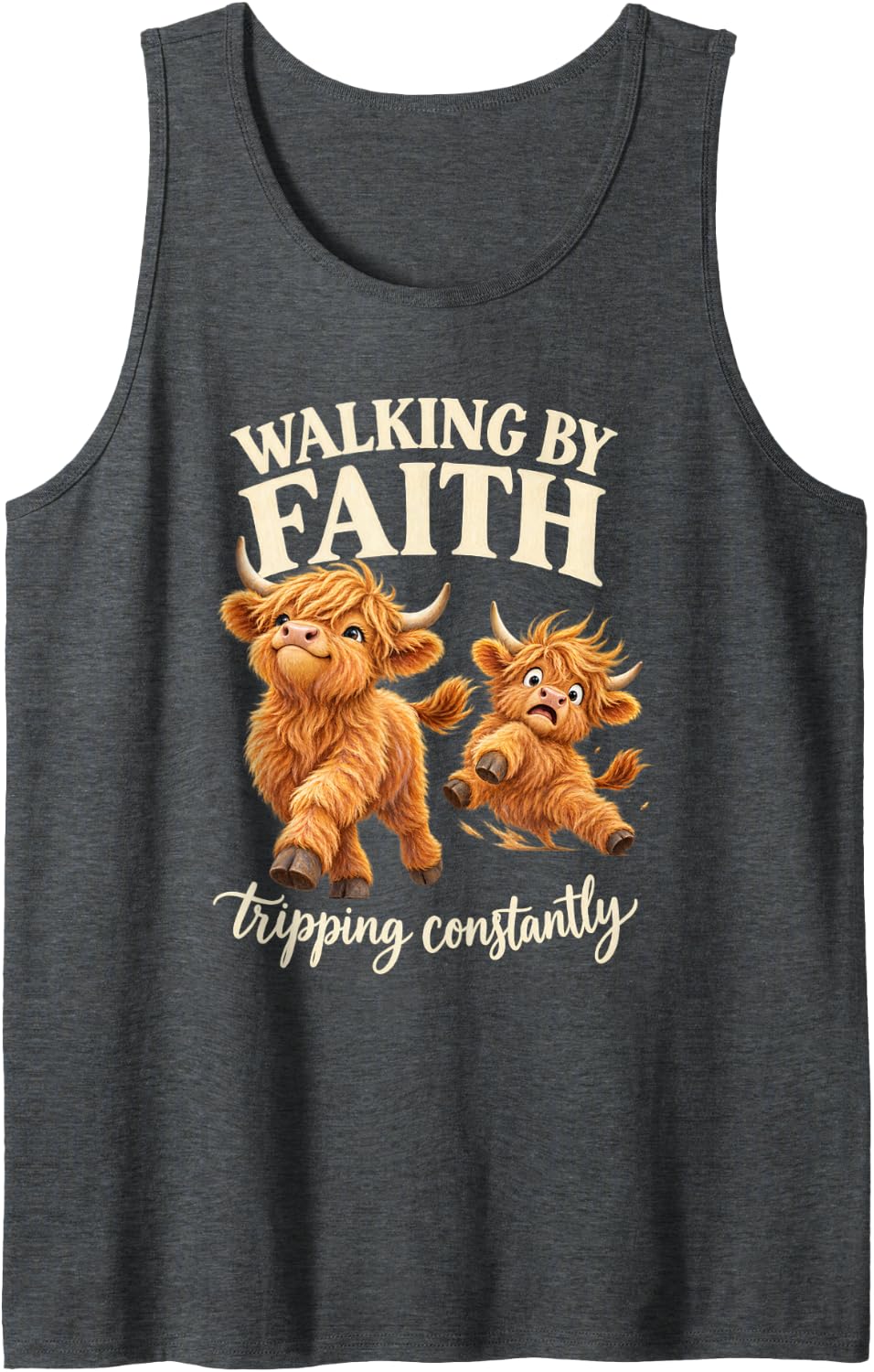 Sweet Storybook Cow Walking By Faith Tripping Constantly Sleeveless Tank Top - Dark Heather Grey