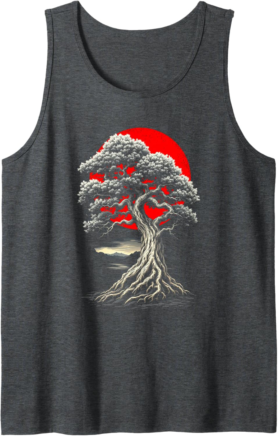 Tree Silhouette Against Red Sun Nature Art Japanese Style Sleeveless Tank Top - Dark Heather Grey