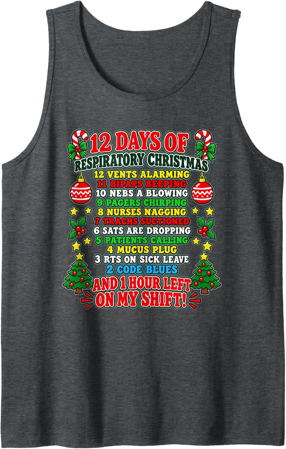 12 Days Respiratory Christmas RT Healthcare Worker Humor Sleeveless Tank Top - Dark Heather Grey