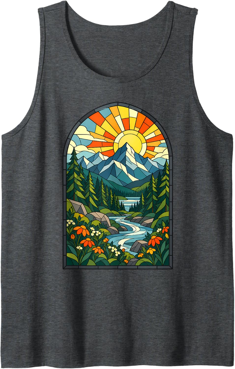 Mountain Sunrise River Stained Glass Landscape Art Sleeveless Tank Top - Dark Heather Grey
