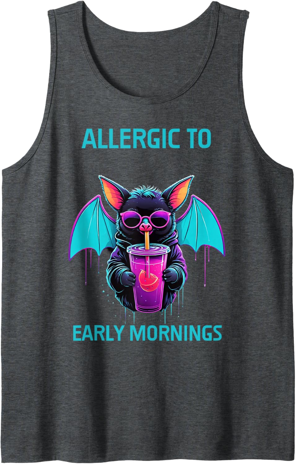 Synthwave Sleeping Bat Lazy Weekend Sleep in Humor Sleeveless Tank Top - Dark Heather Grey