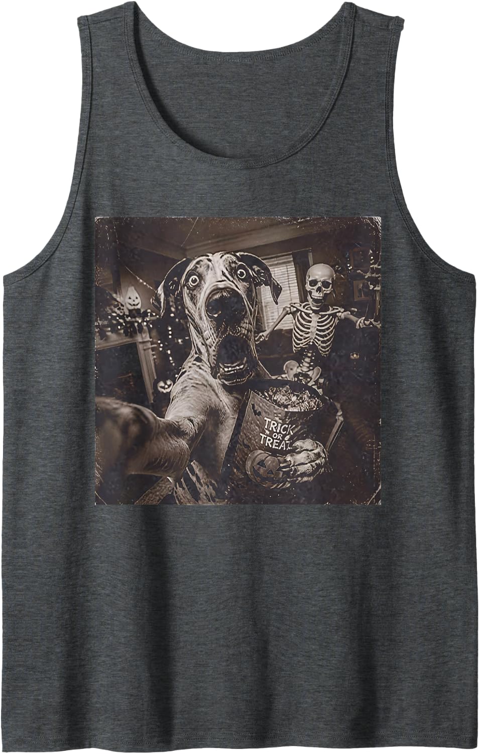 Great Dane Dog Skeleton Selfie Funny Dog Meme Halloween Sleeveless Tank Top - Dark Heather Grey
