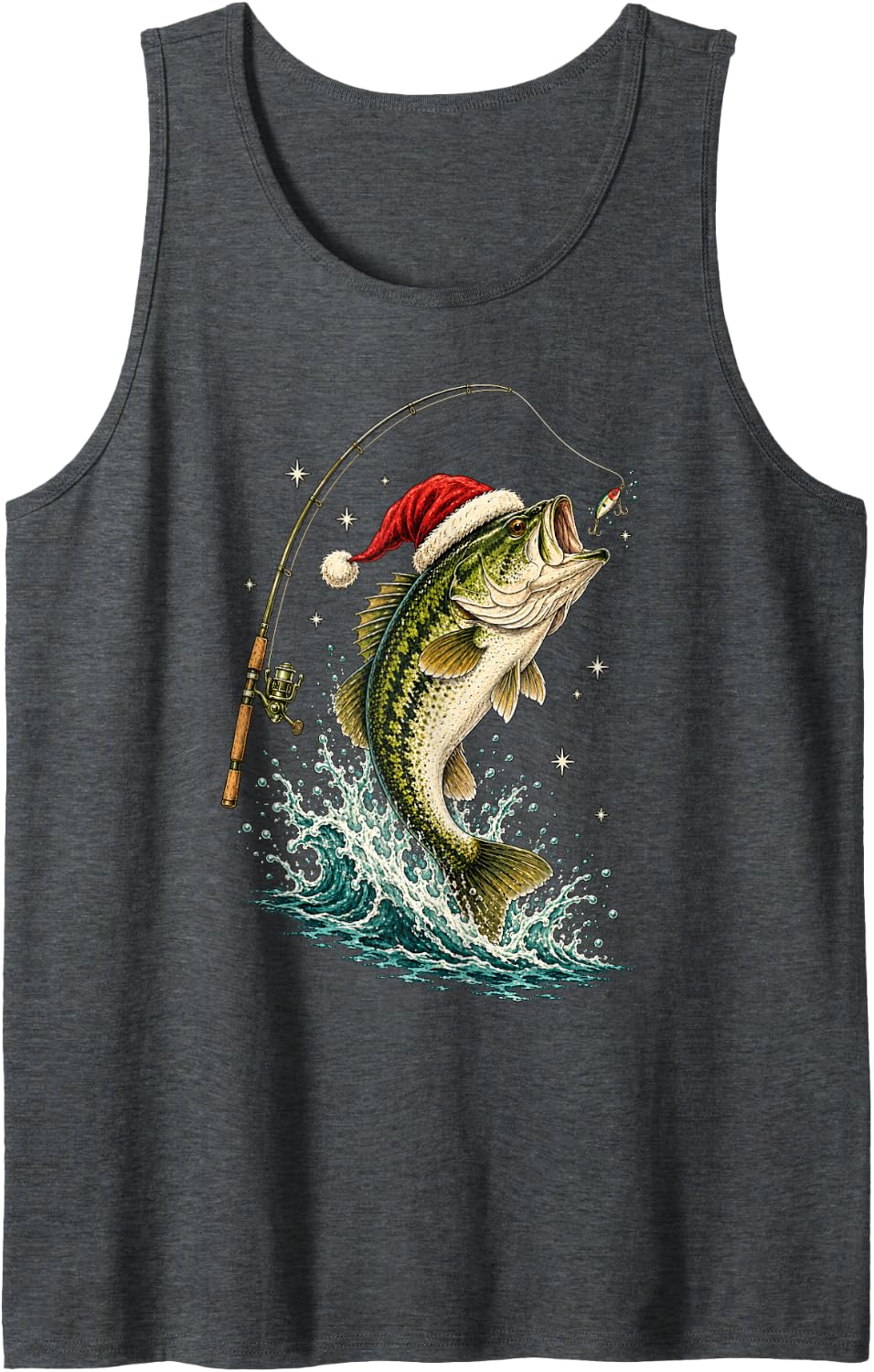 Christmas Bass Fishing Santa Hat Vintage Fish Illustration Sleeveless Tank Top - Dark Heather Grey