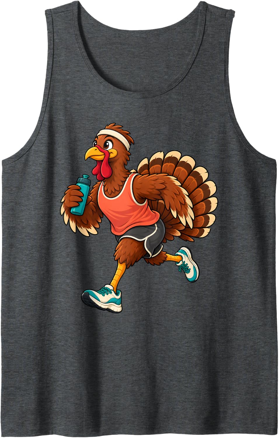 Running Turkey Funny Thanksgiving Jogging Sports Cartoon Sleeveless Tank Top - Dark Heather Grey