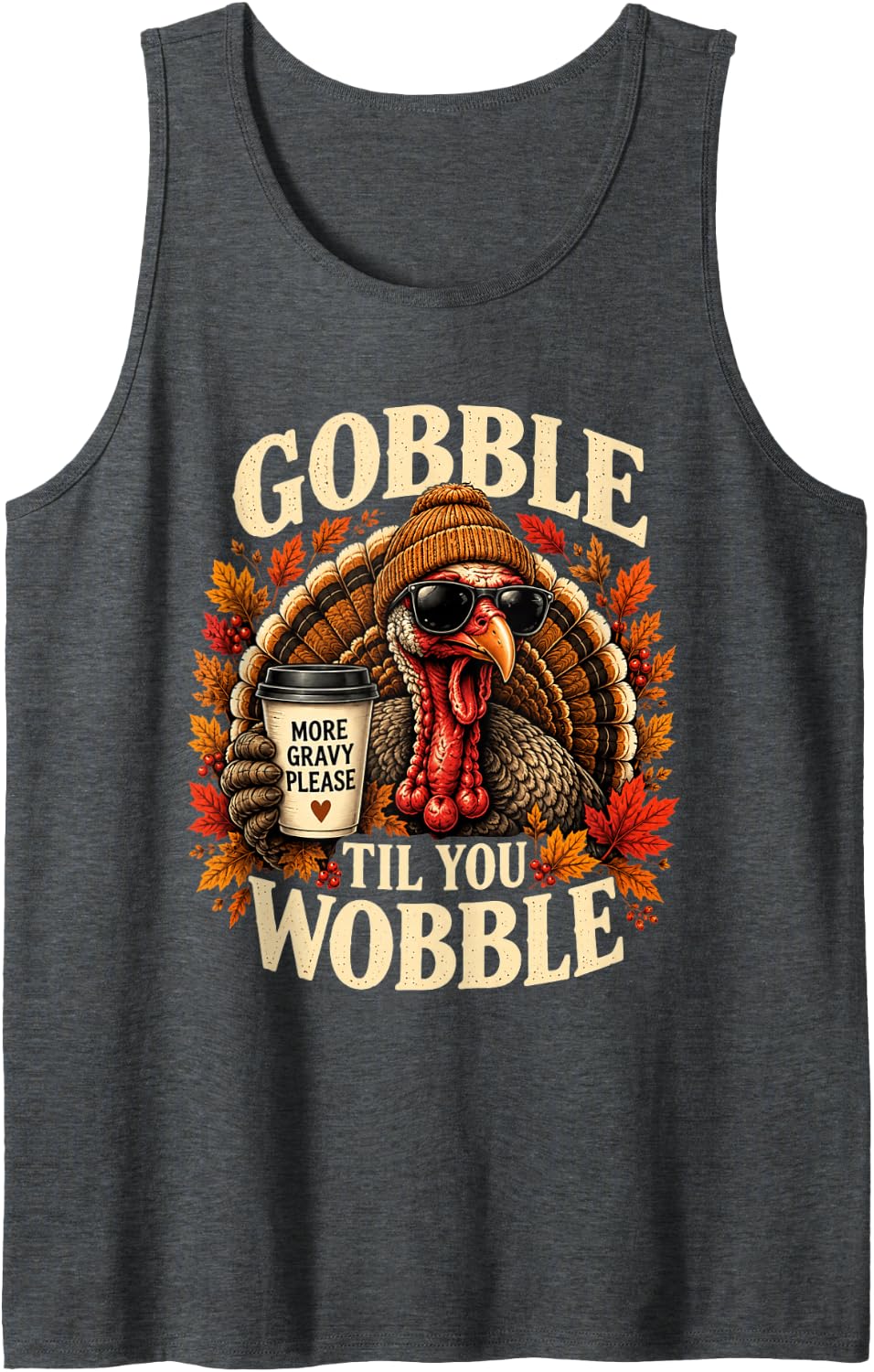Gobble Funny Thanksgiving Turkey Gravy Sleeveless Tank Top - Dark Heather Grey