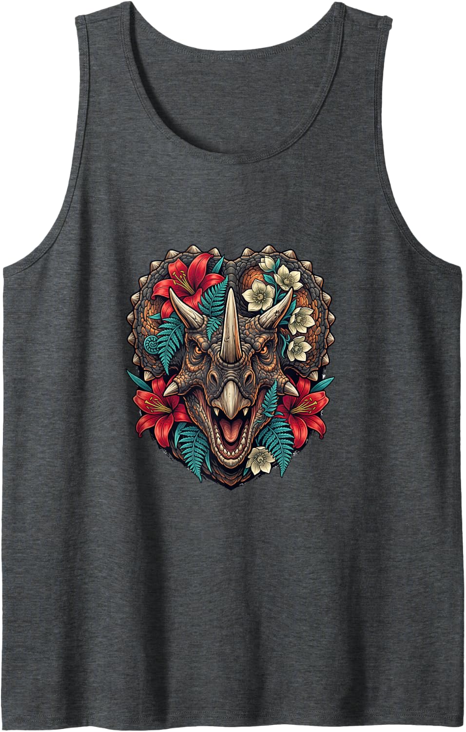 Triceratops Portrait with Botanical Details Sleeveless Tank Top - Dark Heather Grey