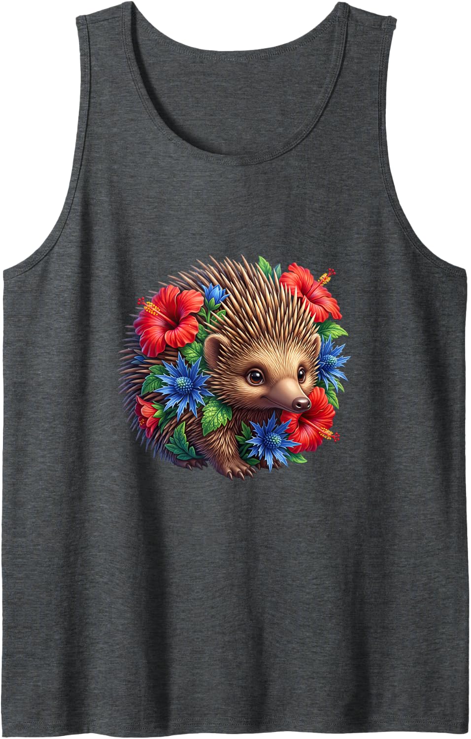 Hedgehog with Red and Blue Flowers Sleeveless Tank Top - Dark Heather Grey
