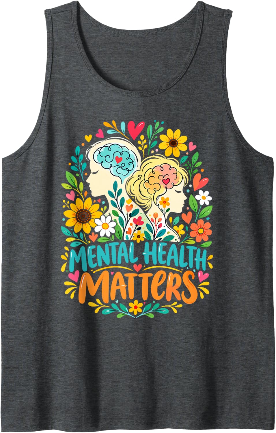 Mental Health Matters Awareness Month Floral Brain Heart Sleeveless Tank Top - Dark Heather Grey
