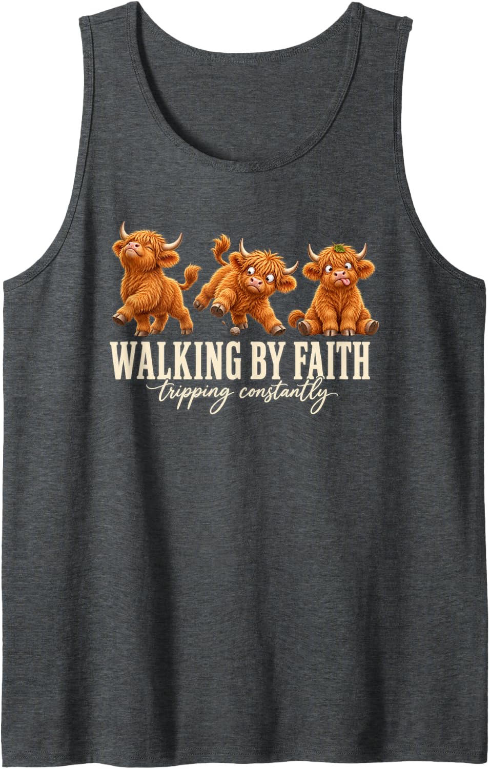 Clumsy Highland Calves Walking By Faith Tripping Constantly Sleeveless Tank Top - Dark Heather Grey