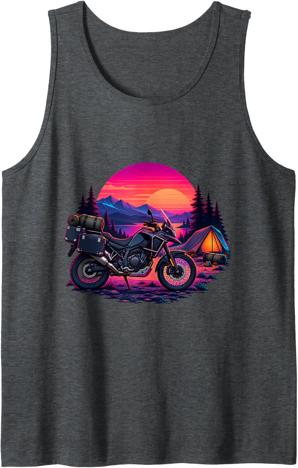 Synthwave Motorcycle Camping Retro Sunset Adventure Bike Sleeveless Tank Top - Dark Heather Grey