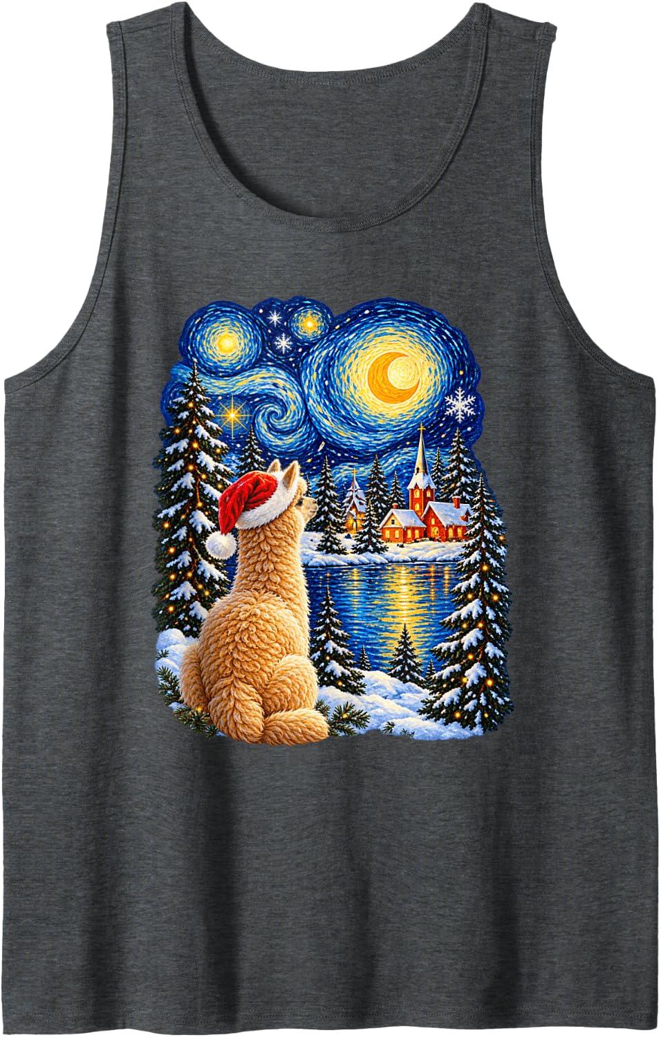 Christmas Alpaca Dreamy Santa Hat Winter Stars Men Women Sleeveless Tank Top - Dark Heather Grey