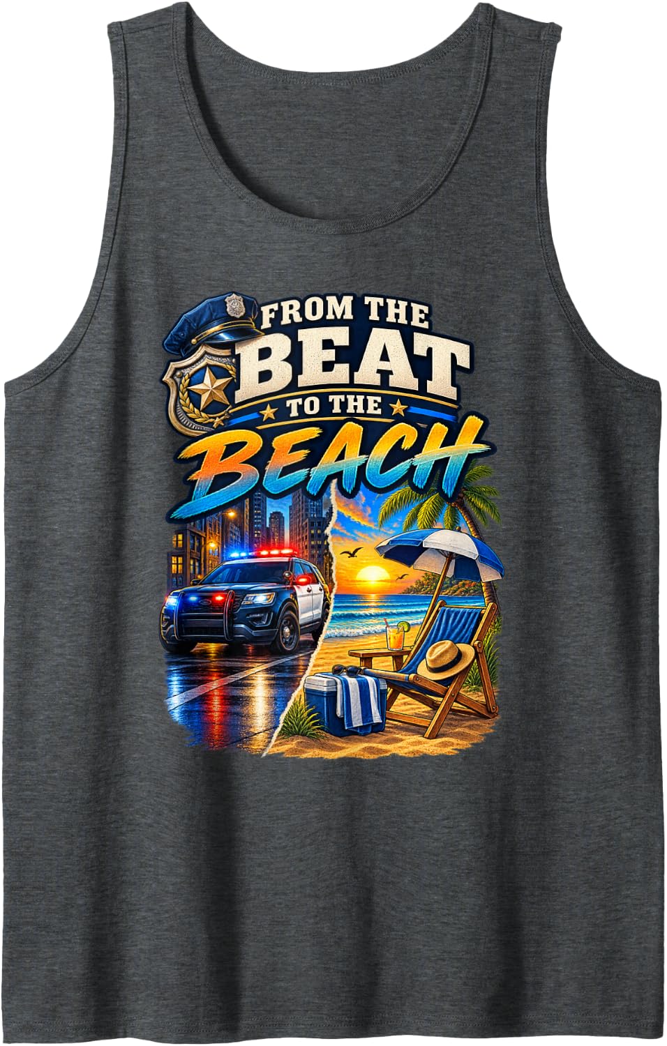 from The Beat to The Beach Retired Police Officer Shirt Sleeveless Tank Top - Dark Heather Grey