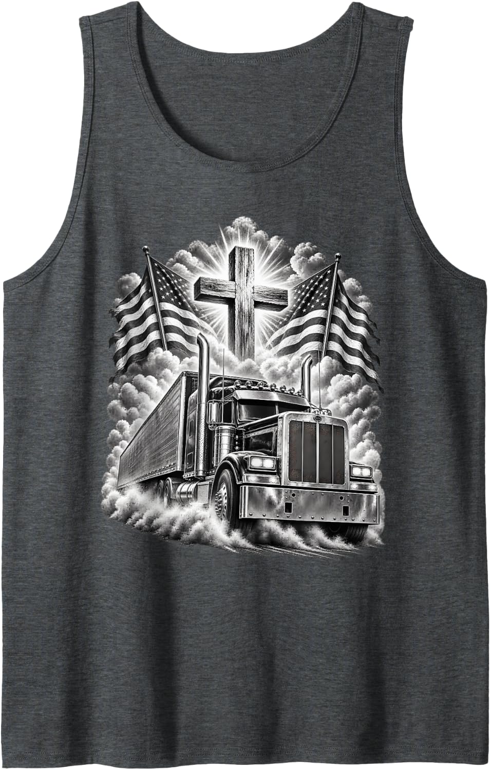 Trucker American Flag Cross Christian Big Rig Driver Men Sleeveless Tank Top - Dark Heather Grey
