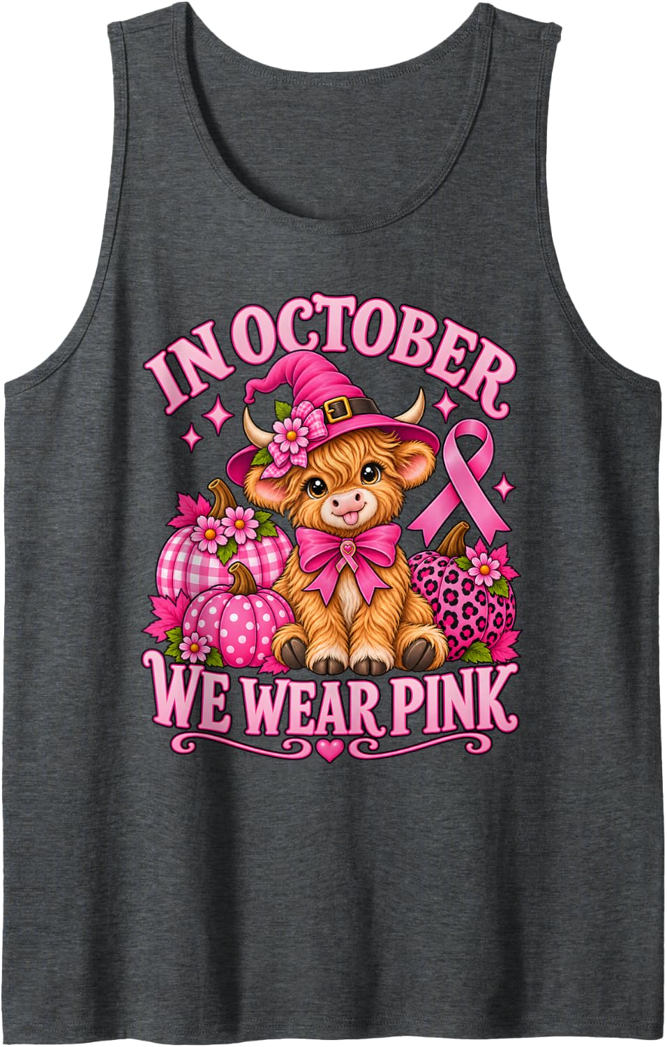in October We Wear Pink Highland Cow Breast Cancer Awareness Sleeveless Tank Top - Dark Heather Grey