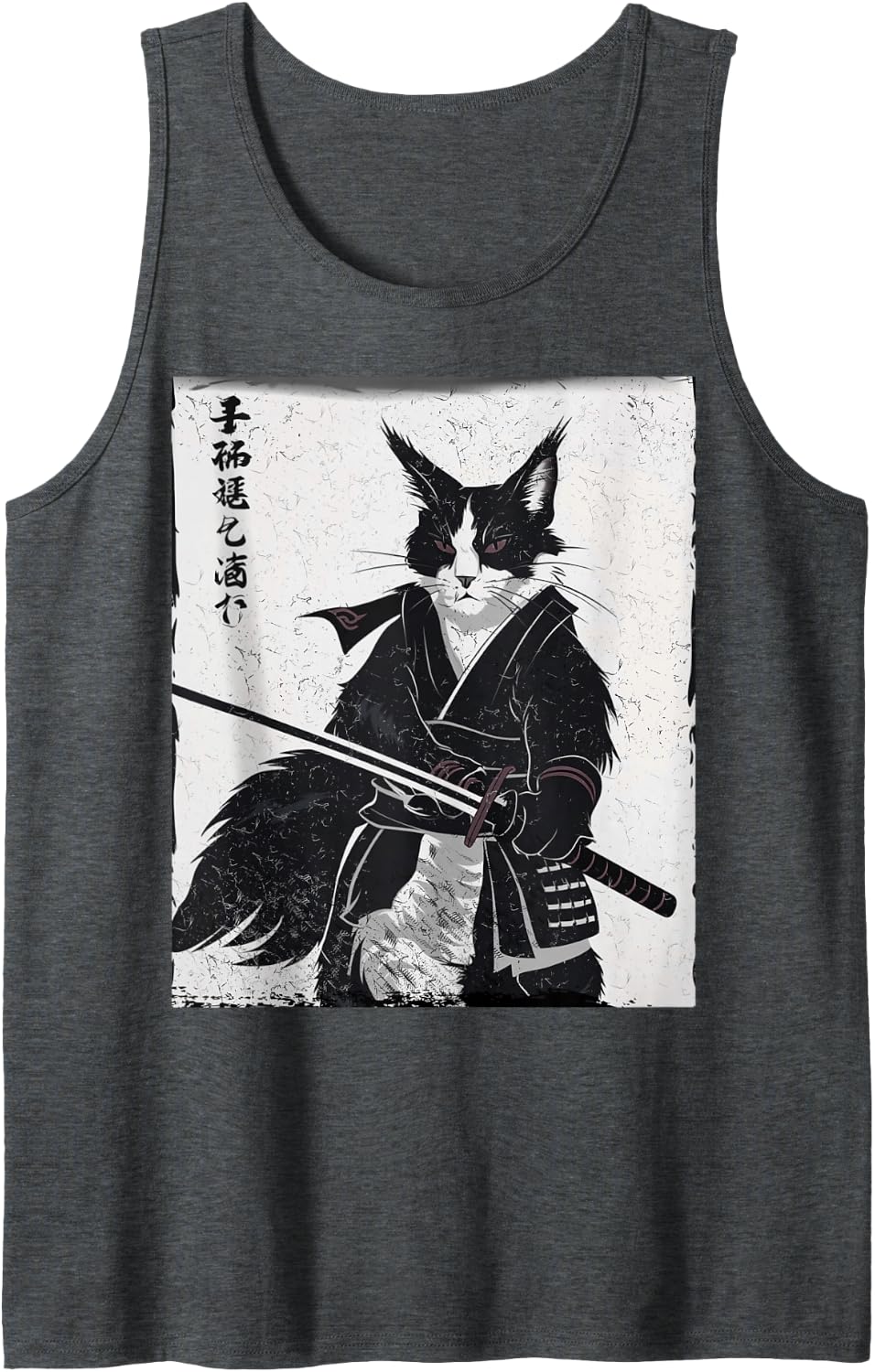 Vintage Samurai Cat Graphic Art Japanese Ukiyo-e Samurai Cat Sleeveless Tank Top - Dark Heather Grey
