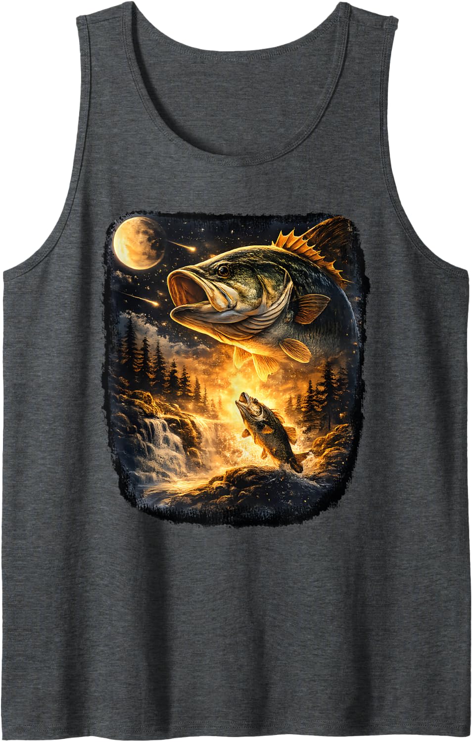 Bass Fish Howling to The Moon Vintage Angler Fisherman Men Tank Top - Dark Heather Grey