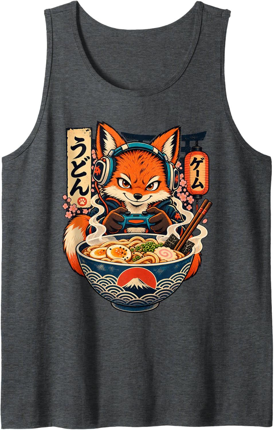 Fox Gamer Ramen Japanese Anime Gaming Boys Sleeveless Tank Top - Dark Heather Grey